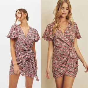 DRESS FORUM Floral-Print Satin Wrap Mini Dress